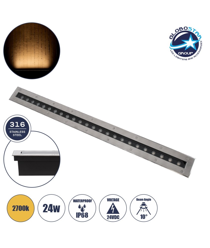 GLOBOSTAR® UNDERGROUND-REMVI 90194 Χωνευτή Μπάρα Φωτισμού Wall Washer LED 24W 2160lm 10° DC 24V Αδιάβροχο IP68 Θερμό Λευκό 2700K Dimmable - Ανοξείδωτο Ατσάλι 304 - Μ100 x Π9 x Υ7.2cm - Μ98.2 x Π7.6cm - 3 Χρόνια Εγγύηση